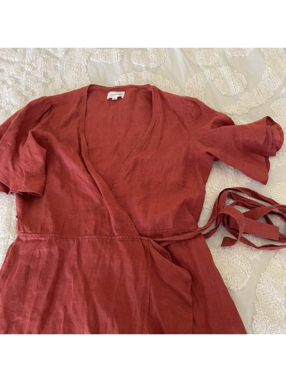 Honorine Edie Linen Ruffle Wrap Mini Dress Terracotta European Summer Boho Chic - Picture 9 of 13